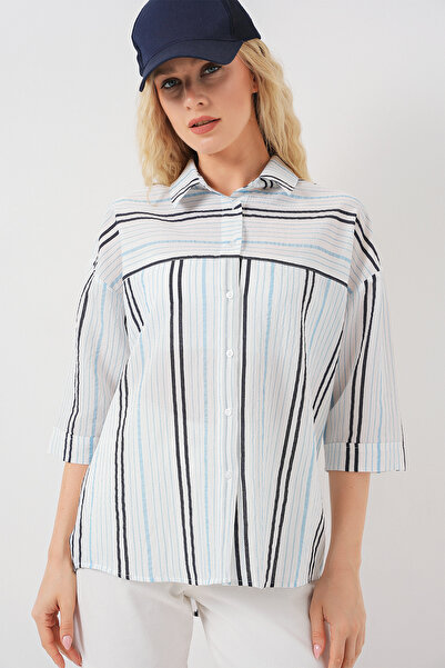 Bigdart Women's Striped Short Sleeve Shirt 20344 - Light Blue