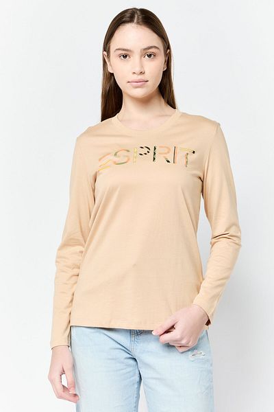 Esprit Women Crew Neck Long Sleeves Brand Logo T-Shirt, Tan