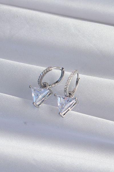 MBB ETİCARET Brass Silver Color Triangle Zircon Stone Dangle Hoop Earrings - Tj-Bkp9308