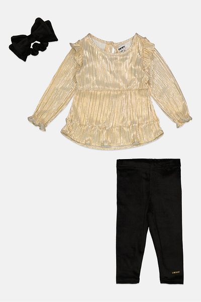 Dkny Toddlers Girl 3 Pcs Metallic Top And Pants Set With Scrunchie, Multicolor