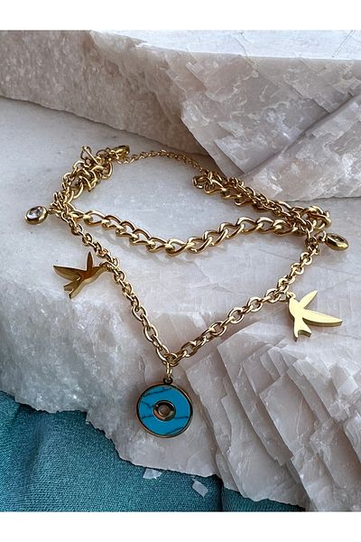 NFS BUTİK Evil Eye Bird Figure 316L Steel Anklet