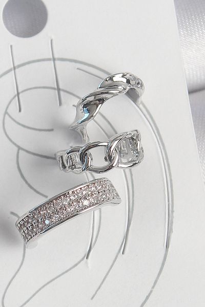 MBB ETİCARET Brass Silver Color Zircon Stone 3-Piece Chain Spiral Model Women's Cartilage Earrings - Tj-Bkp10565
