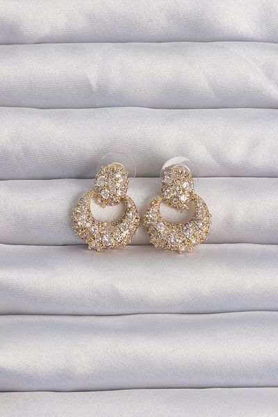 MBB ETİCARET Brass Gold Color Zircon Stone Oval Form Earrings - Tj-Bkp9273
