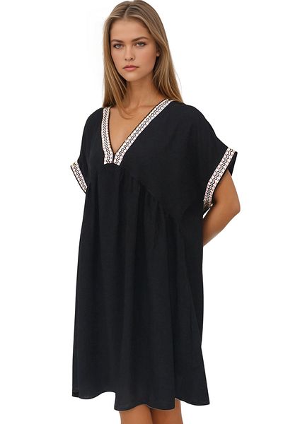 Modasultan V Neck Straw Knit Detailed Short Viscose Dress