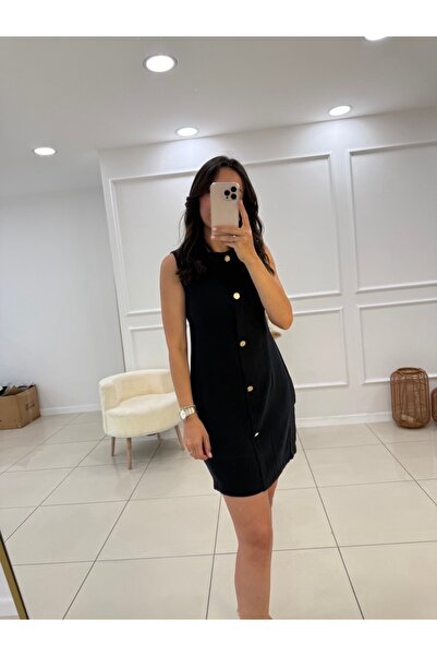 Butik Metal Düğmeli Kolsuz Elbise