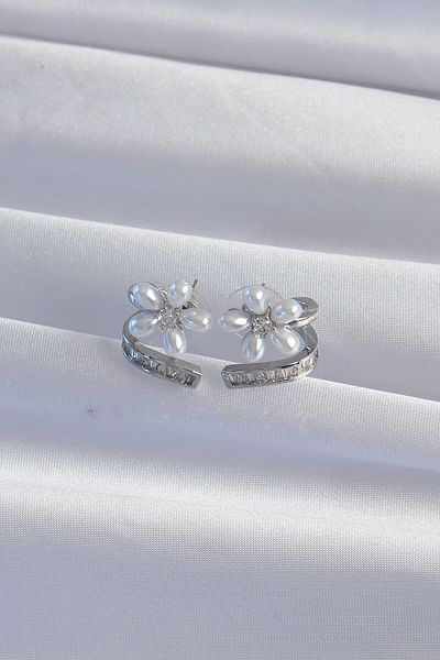 MBB ETİCARET Brass Silver Color Zircon Cubic Zirconia Crimped Pearl Flower Earrings - Tj-Bkp9276