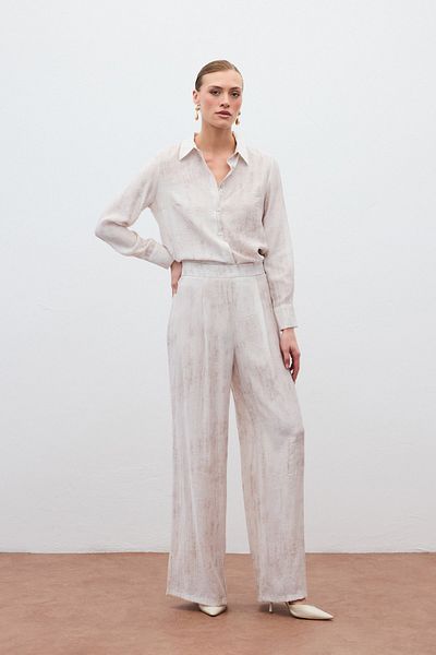 Sateen Patterned Loose Trousers - Stone