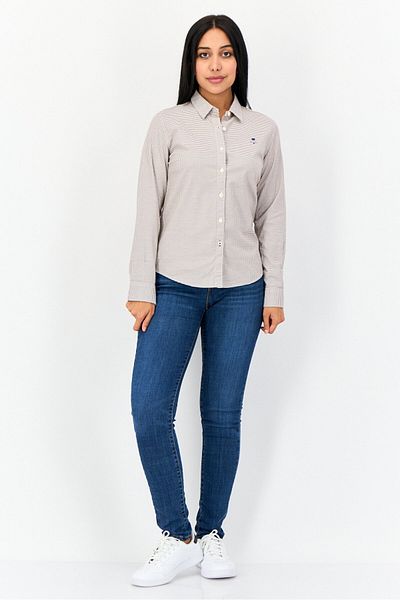 Giordano Women Spread Collar Long Sleeve Embroidered Shirt, Multicolor