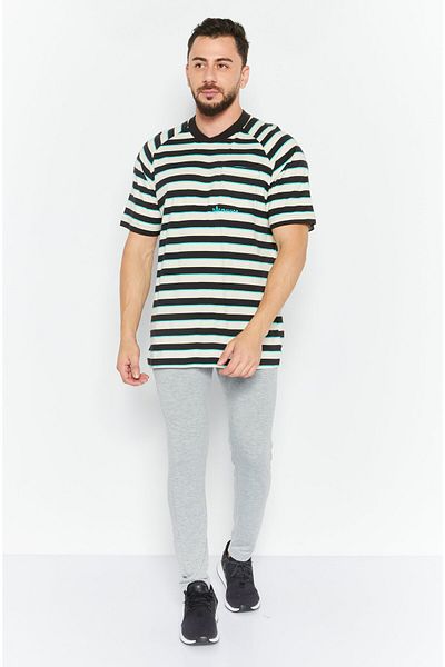 adidas Men Sportswear Fit Stripe Outdoor T-Shirts, Cream/Black/Turquoise