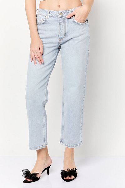Scotch & Soda Women Straight Fit High Rise Washed Stretchable Jeans, Light Grey