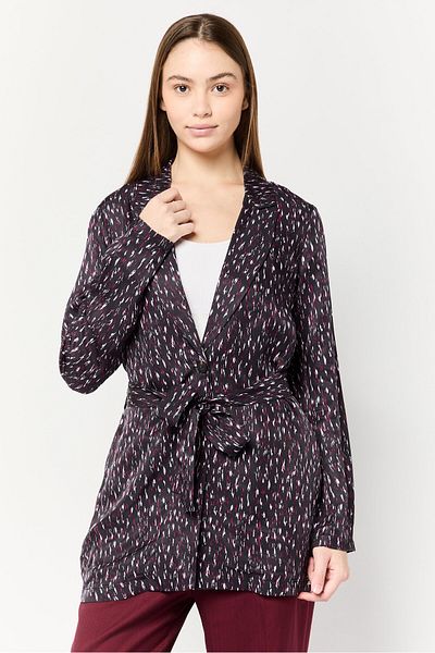 Scotch & Soda Women Regular Fit Allover Print Belted Casual Blazer, Multicolor