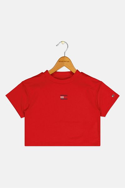 Tommy Hilfiger Toddlers Girl Crew Neck Short Sleeve Brand Logo T-shirt, Red