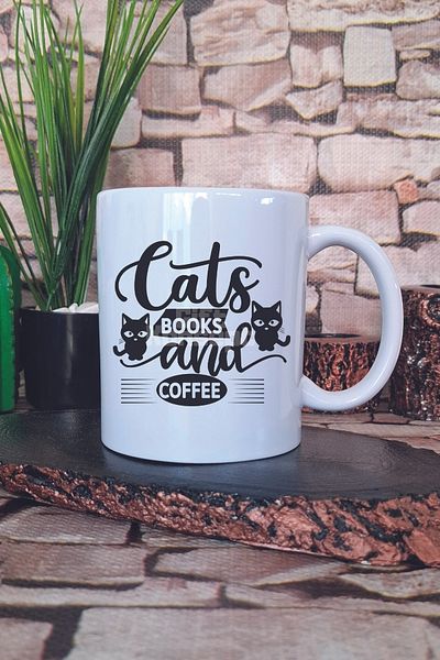 giftkonsept Cats Books and Coffee Themed Cat Book Coffee Lover Gift Printed Tea Coffee Presentation Mug Cup