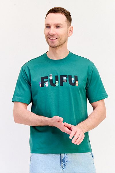 Giordano Fufu X Giordano Men Crew Neck Short Sleeve Band Logo T-Shirt, Green