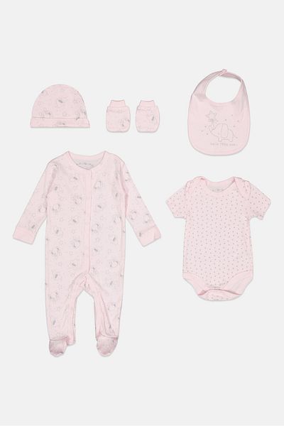 Rock A Bye Baby Boutique Toddlers Girl 5 pcs Graphic Print Bodysuit, Bib, Beanie And Mitts Set, Multicolor