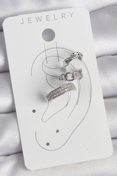 MBB ETİCARET Brass Silver Color Zircon Stone 3-Piece Chain Spiral Model Women's Cartilage Earrings - Tj-Bkp10565