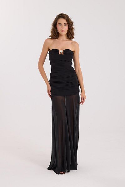 NOK İSTANBUL Charmant Ruffle Maxi Size Chiffon Detailed Dress Black