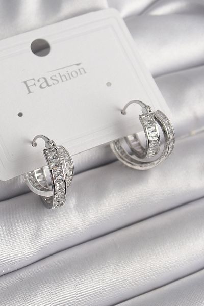 MBB ETİCARET Brass Silver Color Zircon Stone Hoop Model Women's Earrings - Tj-Bkp10002
