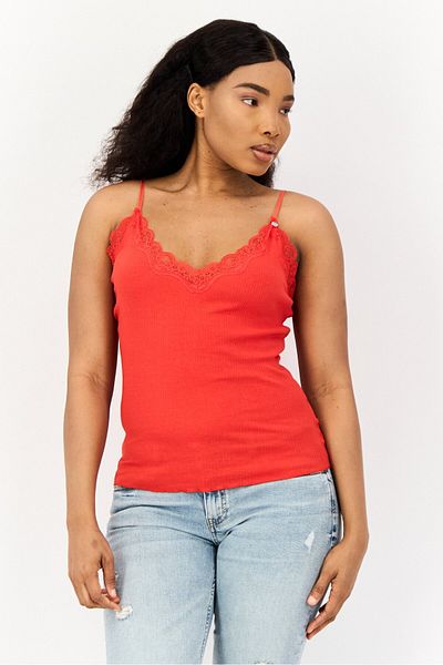 Salsa Women V Neck Ribbed Sleeveless Tank Top, Red