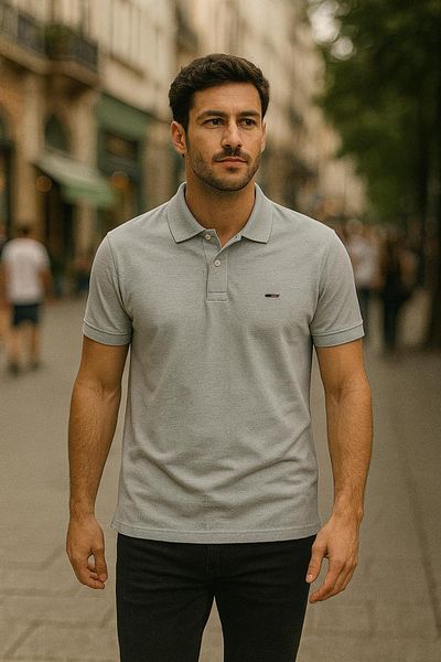 DAMGA JEANS Ανδρικό κοντομάνικο μπλουζάκι με βασικό γκρι φαρδύ γιακά πόλο