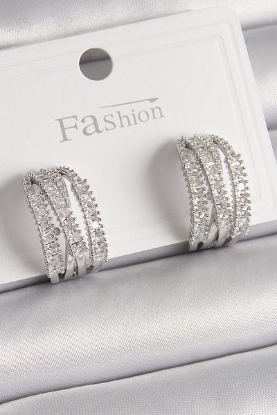MBB ETİCARET Brass Silver Color Zircon Stone Hoop Model Women's Earrings - Tj-Bkp9930