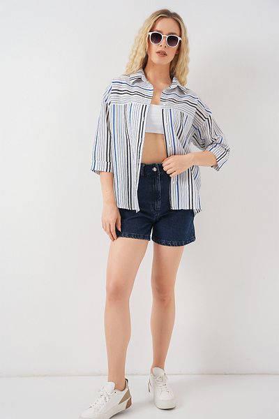 Bigdart Women's Striped Short Sleeve Shirt 20344 - Navy Blue
