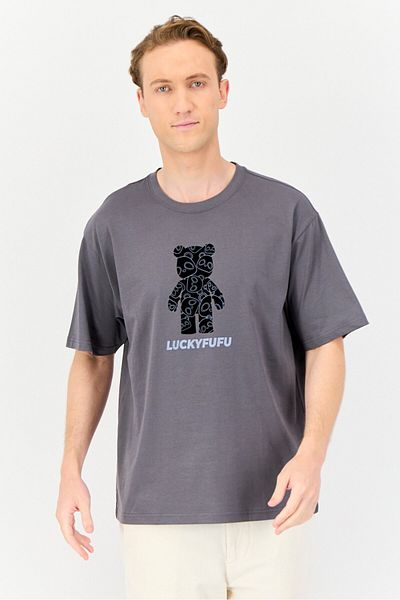 Giordano x Fufu Men Crew Neck Short Sleeves Graphic Print T-Shirt, Grey