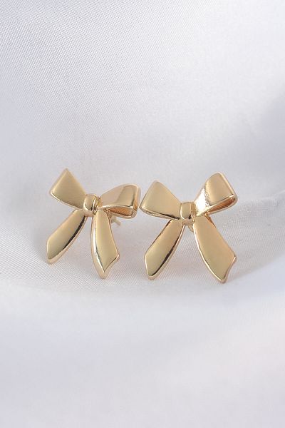 MBB ETİCARET Brass Gold Color Flat Plate Bow Earrings - Tj-Bkp8936