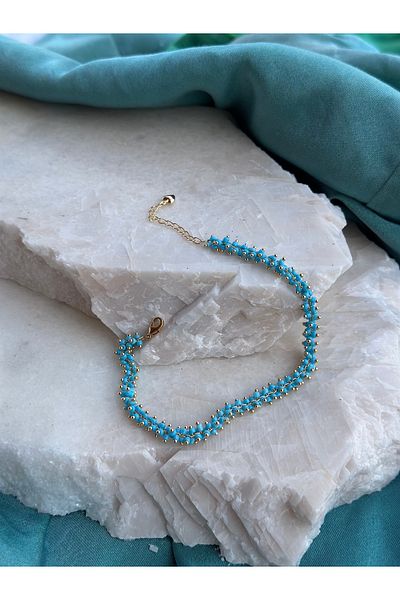 NFS BUTİK Steel Chain Turquoise Beadwork 316L Steel Ysx Anklet
