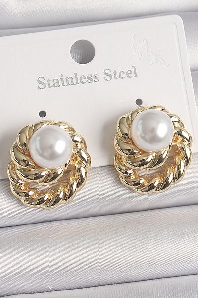 MBB ETİCARET Brass Gold Color Spiral Twist Model Women's Earrings with Pearls - Tj-Bkp10073