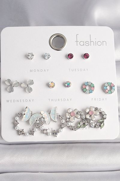 MBB ETİCARET Brass Silver Color Zircon Stone Kelbekli Flower Ring Model 7 Pairs Women Earrings Set - Tj-Bkp10141