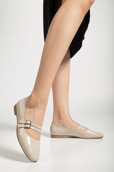 Tonny Black Women's Beige Oval Toe Double Buckle Ballerinas