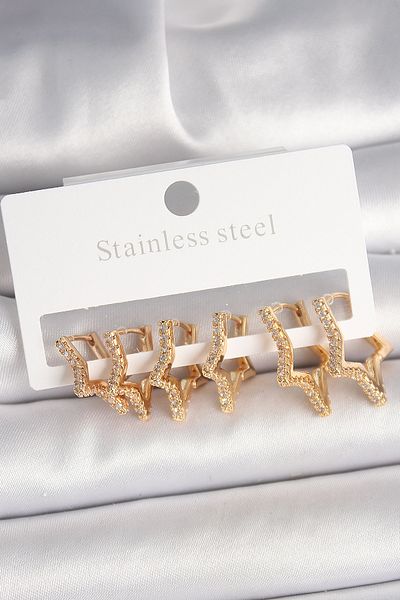 MBB ETİCARET Brass Gold Color Zircon Stone 3 Double Star Model Women's Earrings - Tj-Bkp10332