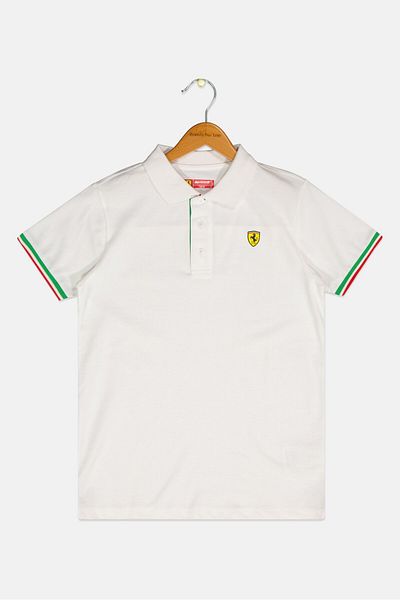 Scuderia Ferrari Kids Boy Brand Logo Short Sleeve Polo Shirts, White Combo