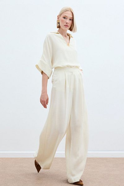 Sateen Linen Blend Trousers - Stone