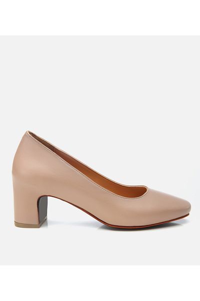 Hotiç Women's Leather Beige Comfortable Thick Heeled Shoes