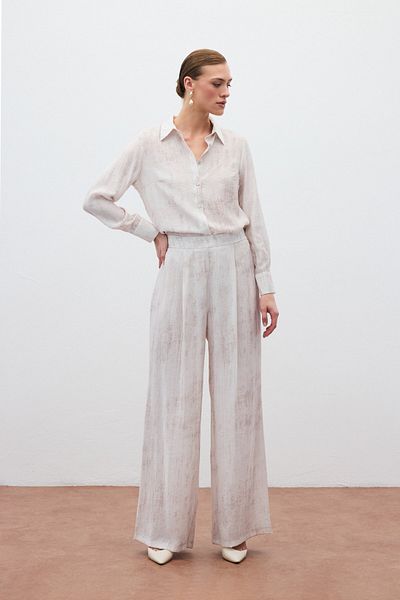Sateen Patterned Loose Trousers - Stone