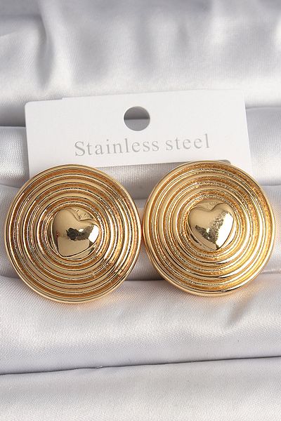 MBB ETİCARET Brass Gold Color Heart Embroidered Circle Plate Model Women's Earrings - Tj-Bkp10155