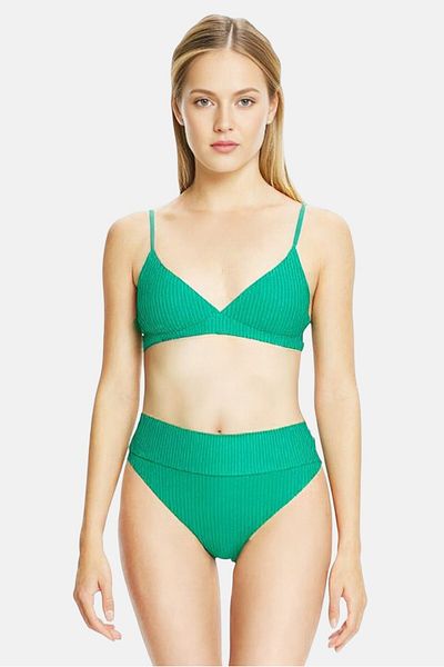 aerie Women Ribbed Pull On Bikini Bottom, Green