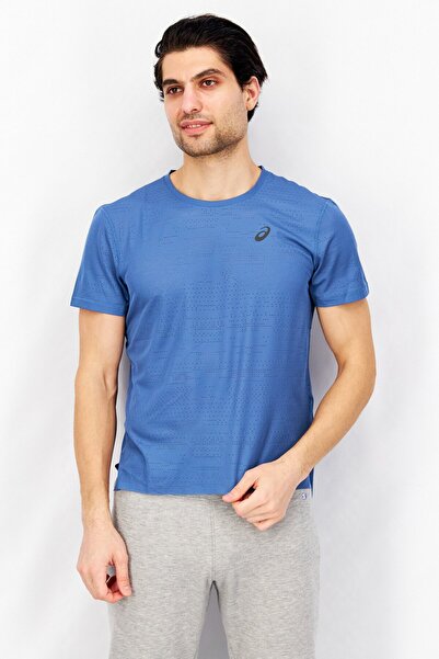 Asics تي شيرت رجالي رياضي بأكمام قصيرة وشعار العلامة التجارية، أزرق