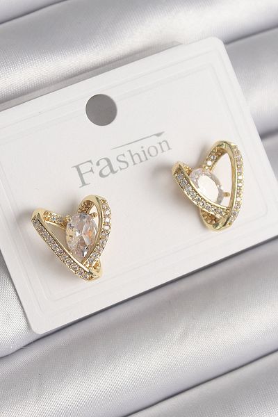 MBB ETİCARET Brass Gold Color Zircon Stone Heart Model Women's Earrings - Tj-Bkp9760