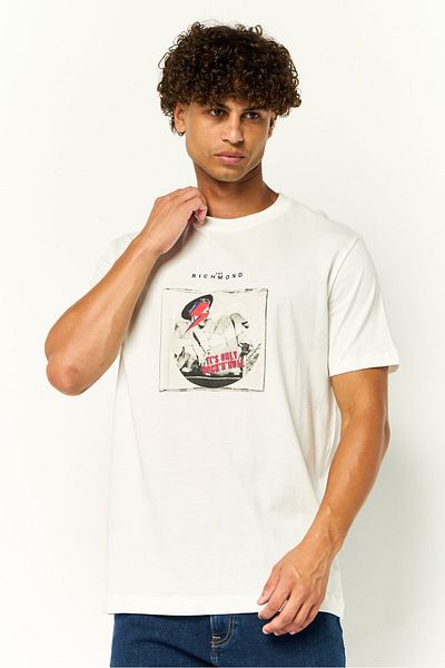 John Richmond Men Crew Neck Short Sleeve Graphic Pint T-Shirt, Off White