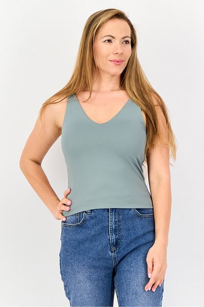 Bebe Women V Neck Sleeveless Solid Tank Top, Light Olive