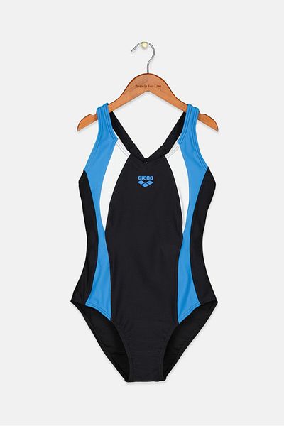 ARENA Women Graphic One Piece Swimwear, Black and Blue and White