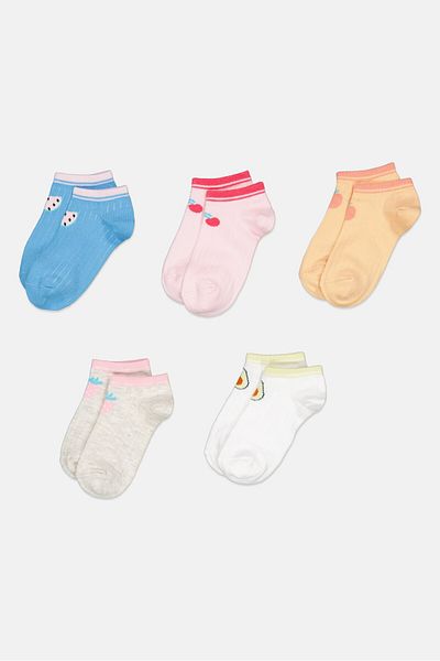 Bebe Kids Girl 5 Pairs Graphic Print Ankle Socks, Multicolor