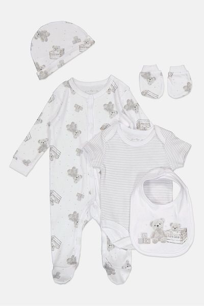 Rock A Bye Baby Boutique Toddlers Boy 5 pcs Graphic Print Bodysuit, Bib, Beanie And Mitts Set, Multicolor