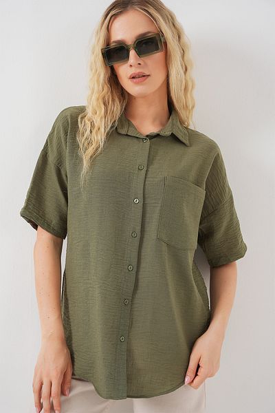 Bigdart Women's Short Sleeve Linen Look Shirt 20336 - Khaki