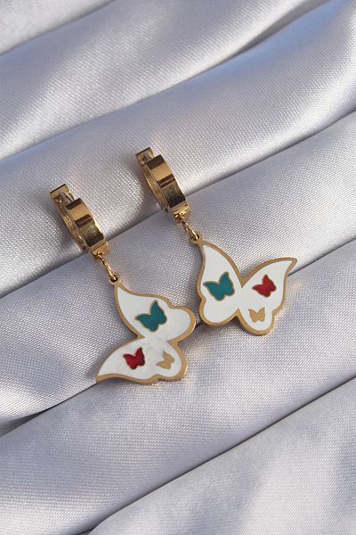 MBB ETİCARET 316L Steel Gold Color Colorful Enamel Butterfly Earrings - Tj-Bkp9027