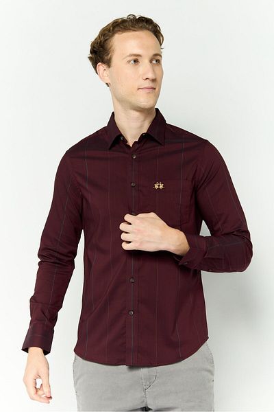 La Martina Men Tailored Fit Stripe Long Sleeves Casual Shirt, Maroon