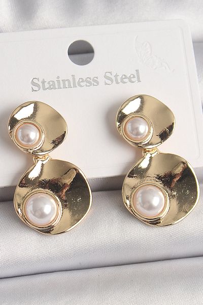 MBB ETİCARET Brass Gold Color Dangle Pearl Detailed Circle Plate Model Women's Earrings - Tj-Bkp10077
